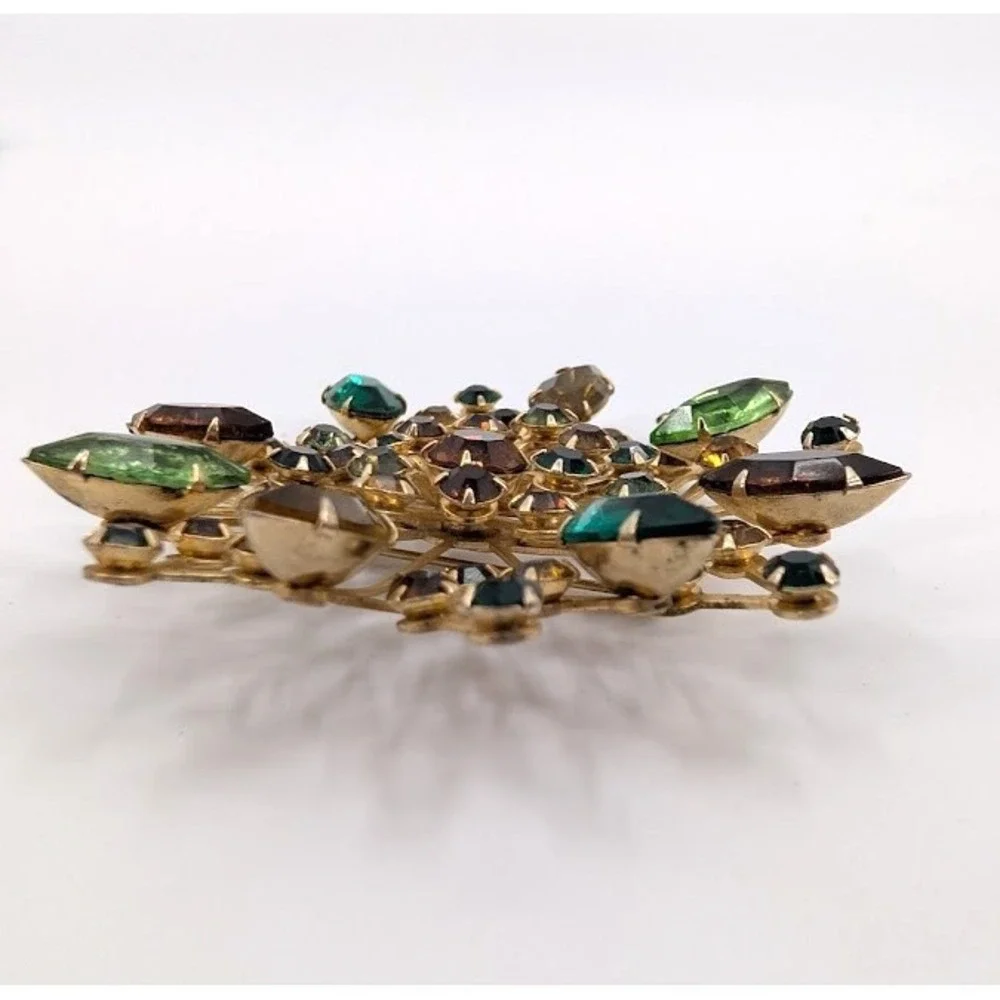 Vintage Rhinestone Sunburst Brooch 3D Layered Gold Tone Earth Colors MCM‎